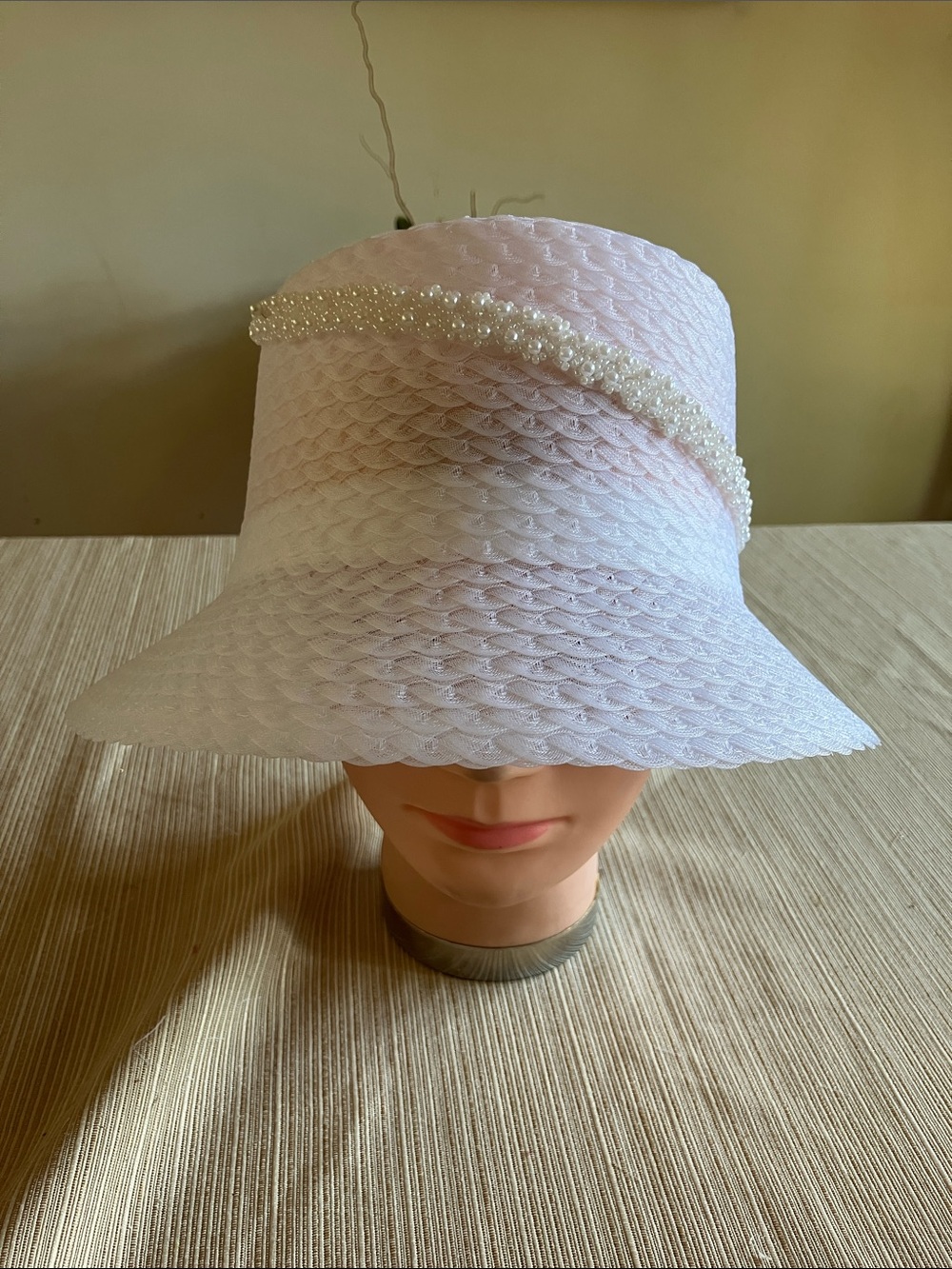 Elegant Pearl-Trimmed White Bucket Hat